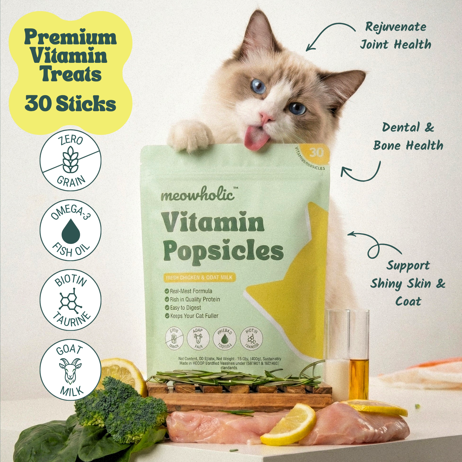 Cat with a bag of meowholic Vitamin Popsicles on a white background