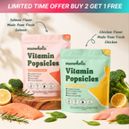 Two packages of meowholic Vitamin Popsicles, one salmon flavor and one chicken flavor, with ingredients displayed.
