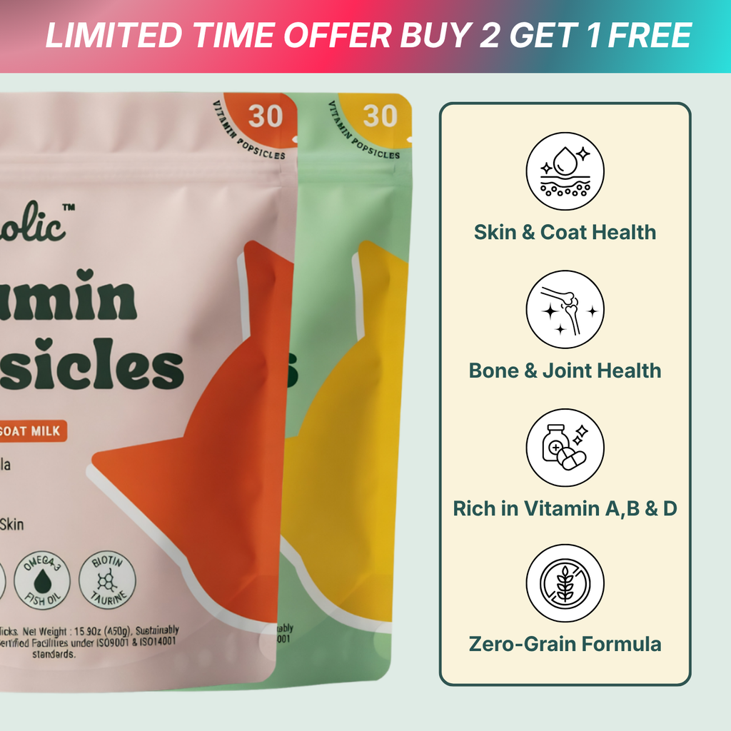 Two packages of Meowholic Vitamin Popsicles with a limited time offer and health benefits listed on the right