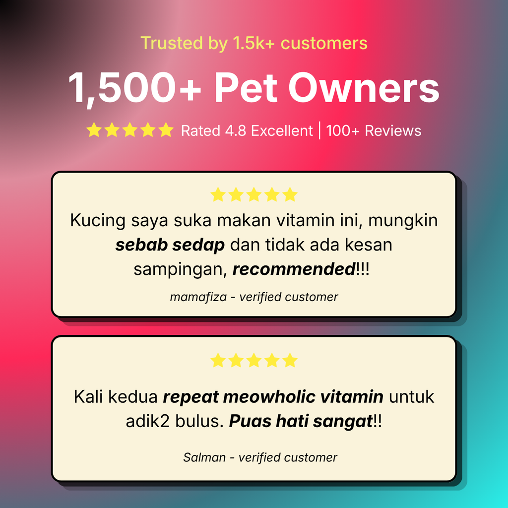 Product reviews for a pet vitamin supplement with customer testimonials on a colorful gradient background.