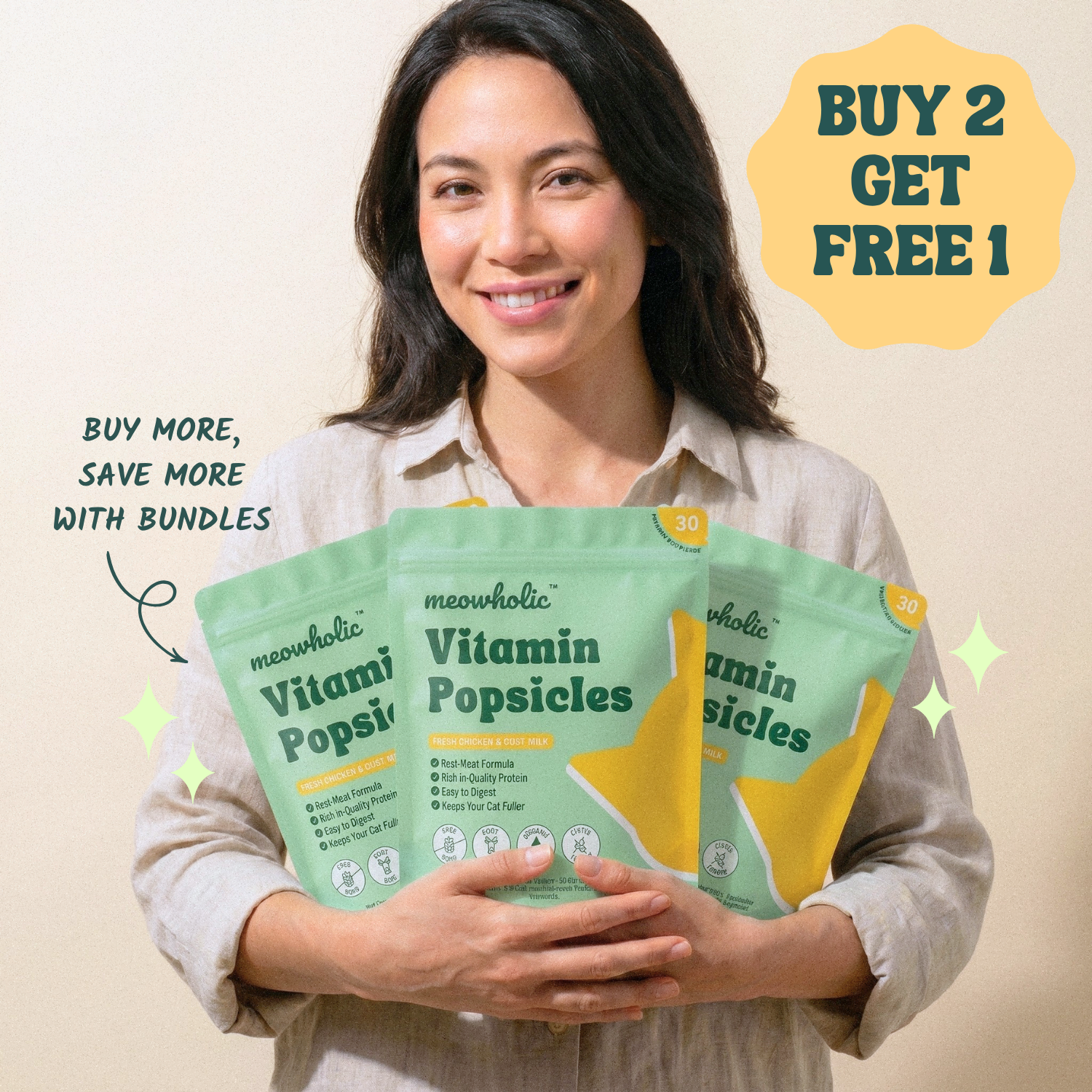 Woman holding Vitamin Popsicle packages with promotional text on a beige background