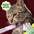 Cat interacting with a product labeled 'Suitable for all age cats' and '30 sticks per bag, satisfying your 'Majicat' cravings'.